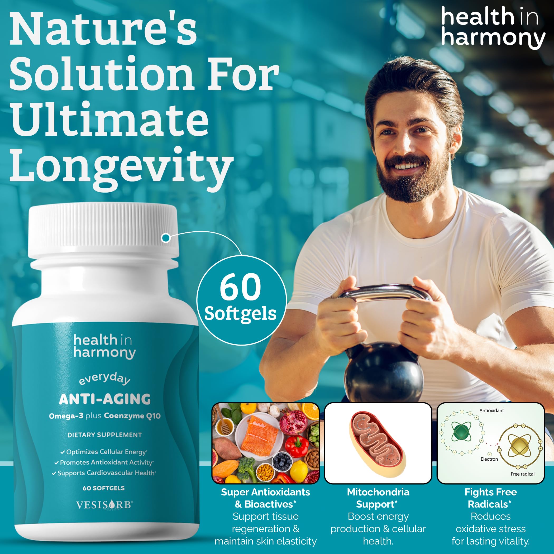 Health in Harmony antioxidant formula with non-GMO ingredients on modern wellness setup.