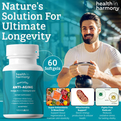 Health in Harmony antioxidant formula with non-GMO ingredients on modern wellness setup.