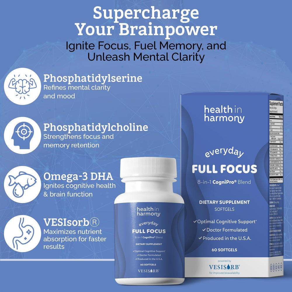 Health in Harmony Everyday Full Focus label close-up showing omega-3 DHA and phosphatidylserine for brain health.