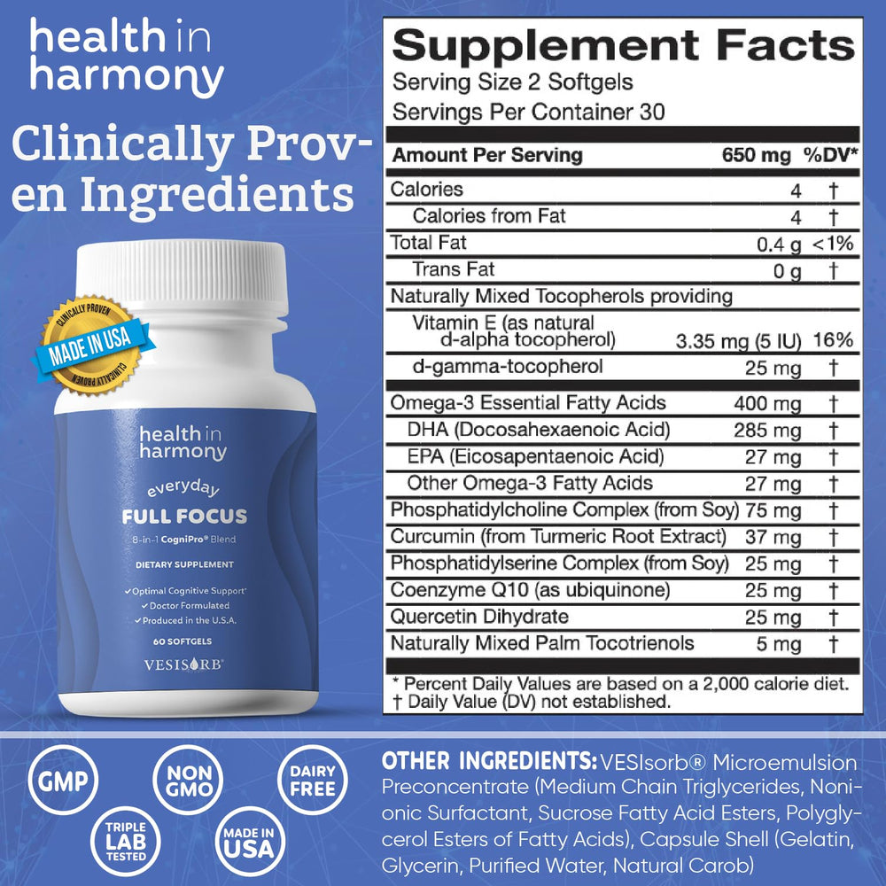 Health in Harmony Everyday Full Focus softgels close-up highlighting non-GMO formulation.