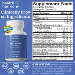 Health in Harmony Everyday Full Focus softgels close-up highlighting non-GMO formulation.
