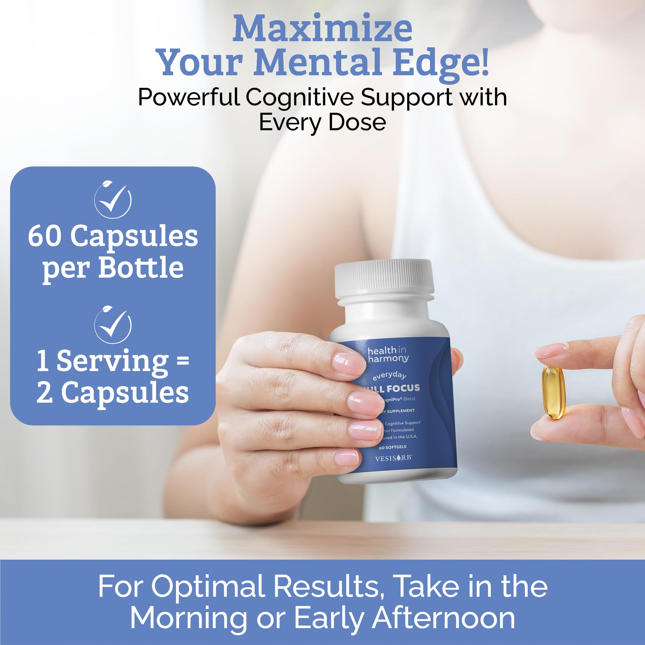 Health in Harmony Everyday Full Focus softgels beside DHA-rich foods highlight nutrient synergy.