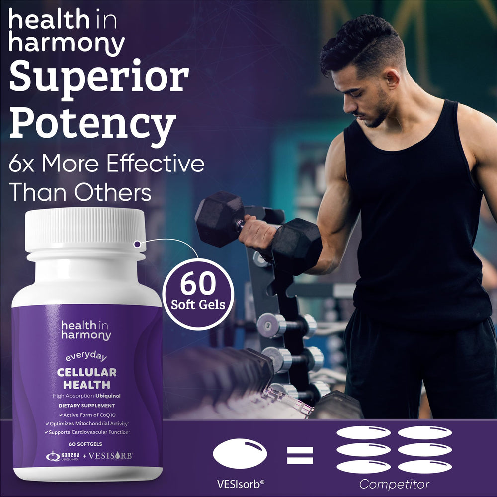 Closeup of Health in Harmony ubiquinol CoQ10 softgels for easy swallowing
