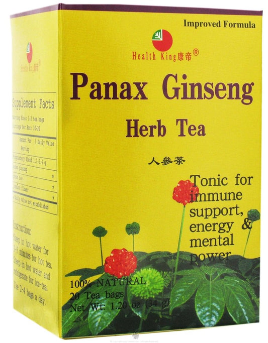 Health King Panax Ginseng Tea teabags package with sun-dried ginseng and jasmine aroma.