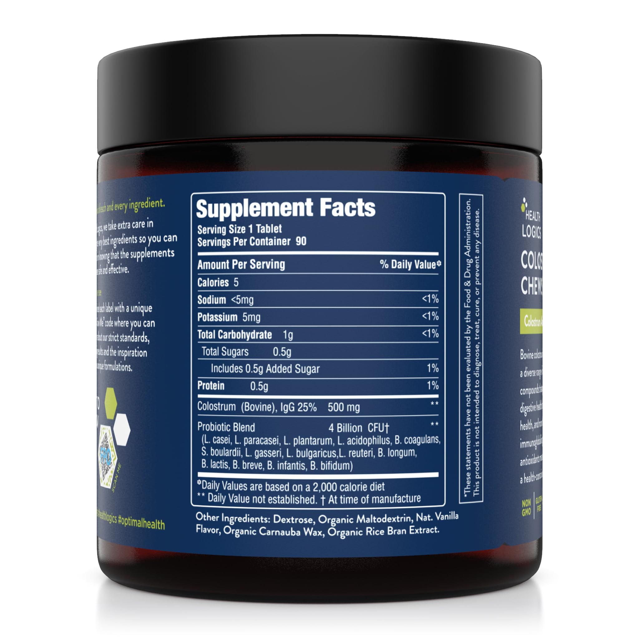 Health Logics Colostrum Chews tablet closeup shows a large 14B CFU per tablet claim.