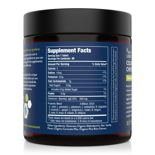 Health Logics Colostrum Chews tablet closeup shows a large 14B CFU per tablet claim.