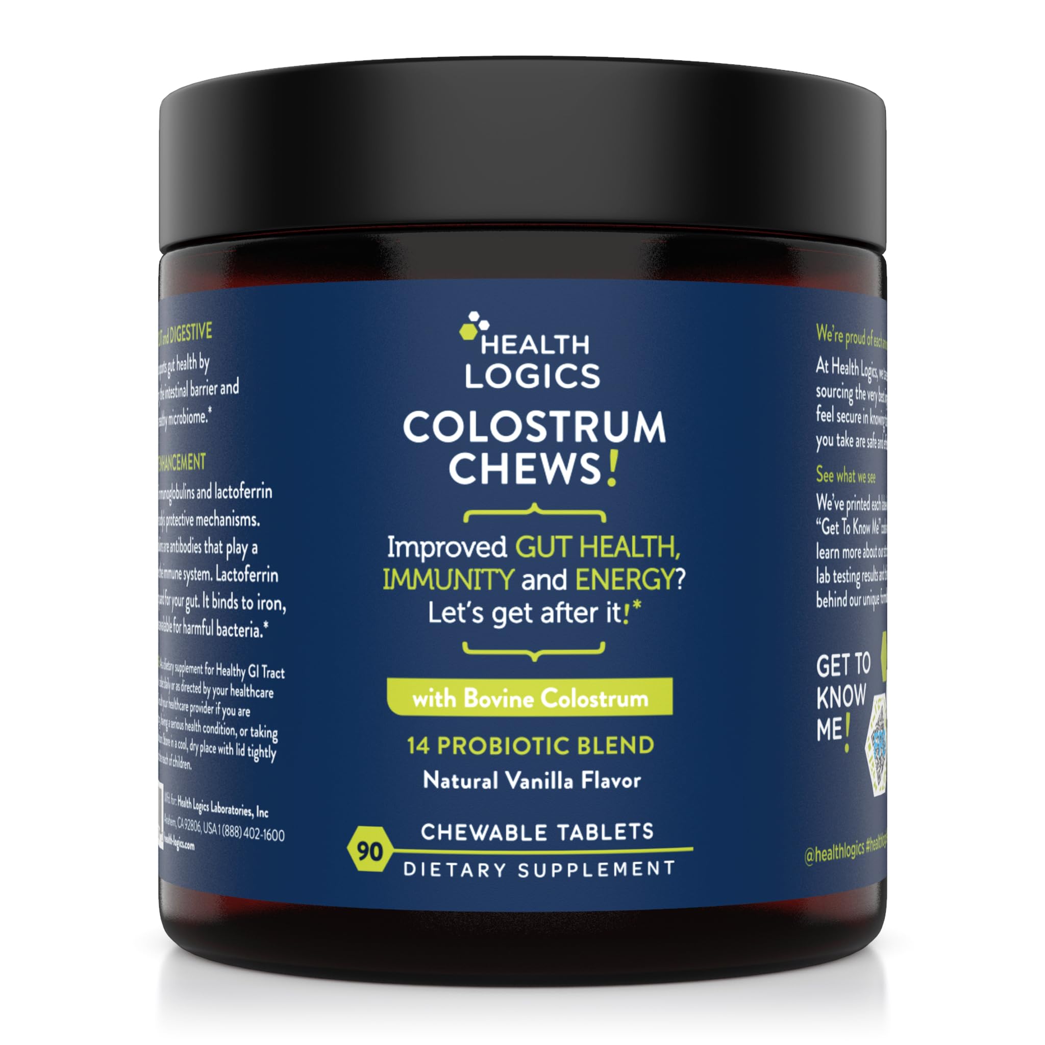 Health Logics Colostrum Chews vanilla flavor packaging highlights premium gut and immune support.