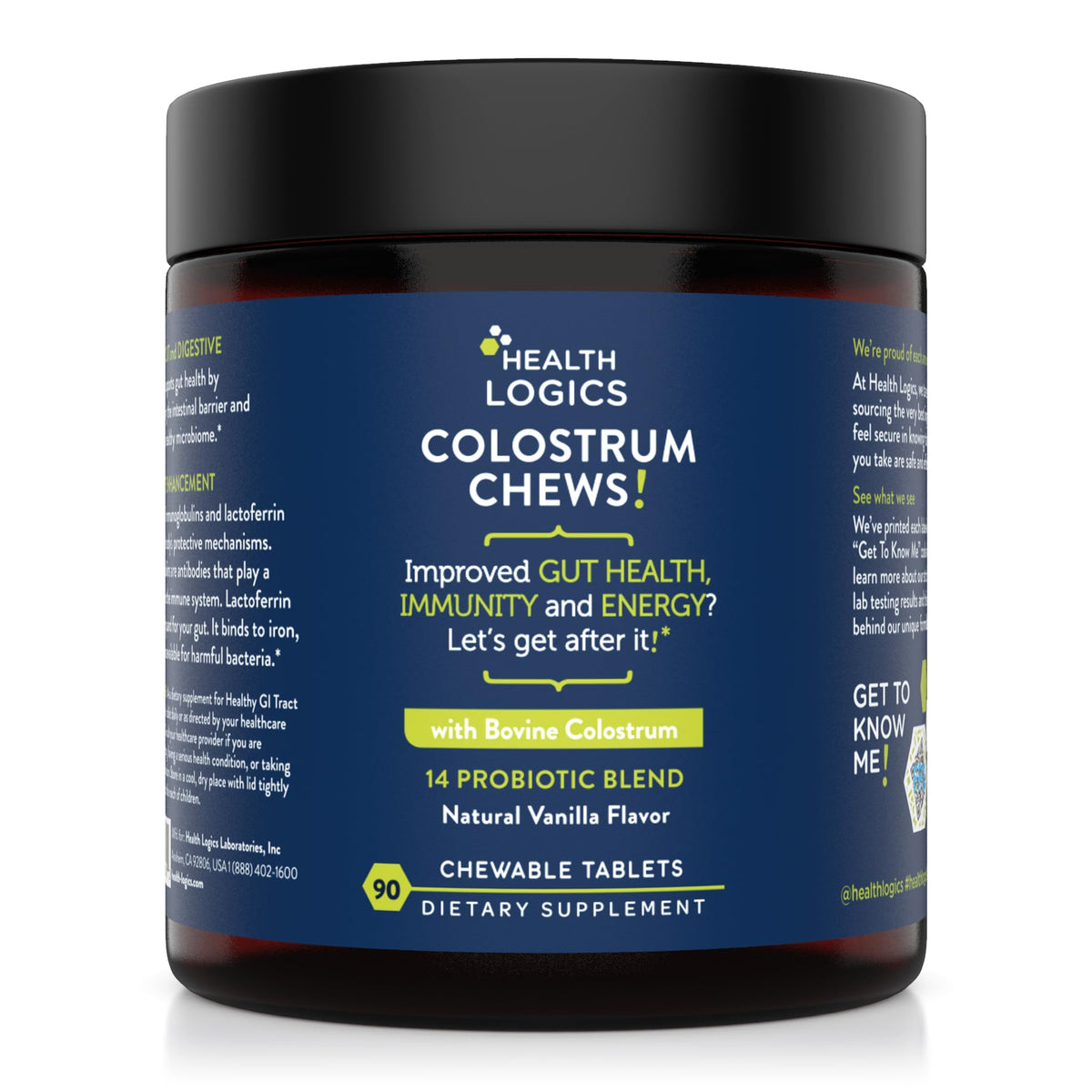 Health Logics Colostrum Chews vanilla flavor packaging highlights premium gut and immune support.