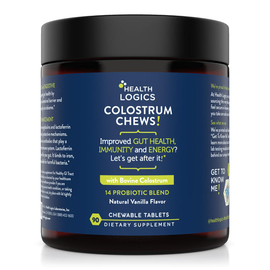 Health Logics Colostrum Chews vanilla flavor packaging highlights premium gut and immune support.