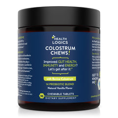 Health Logics Colostrum Chews vanilla flavor packaging highlights premium gut and immune support.