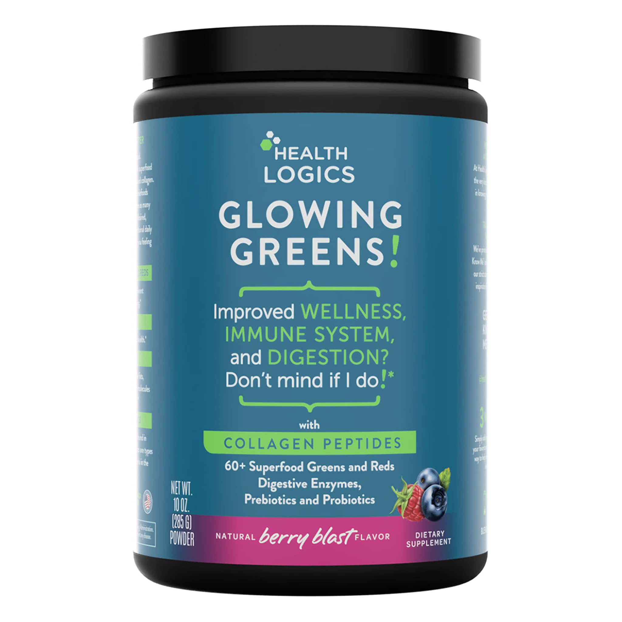 Health Logics Glowing Greens tub front highlighting daily wellness greens