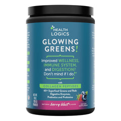 Health Logics Glowing Greens tub front highlighting daily wellness greens
