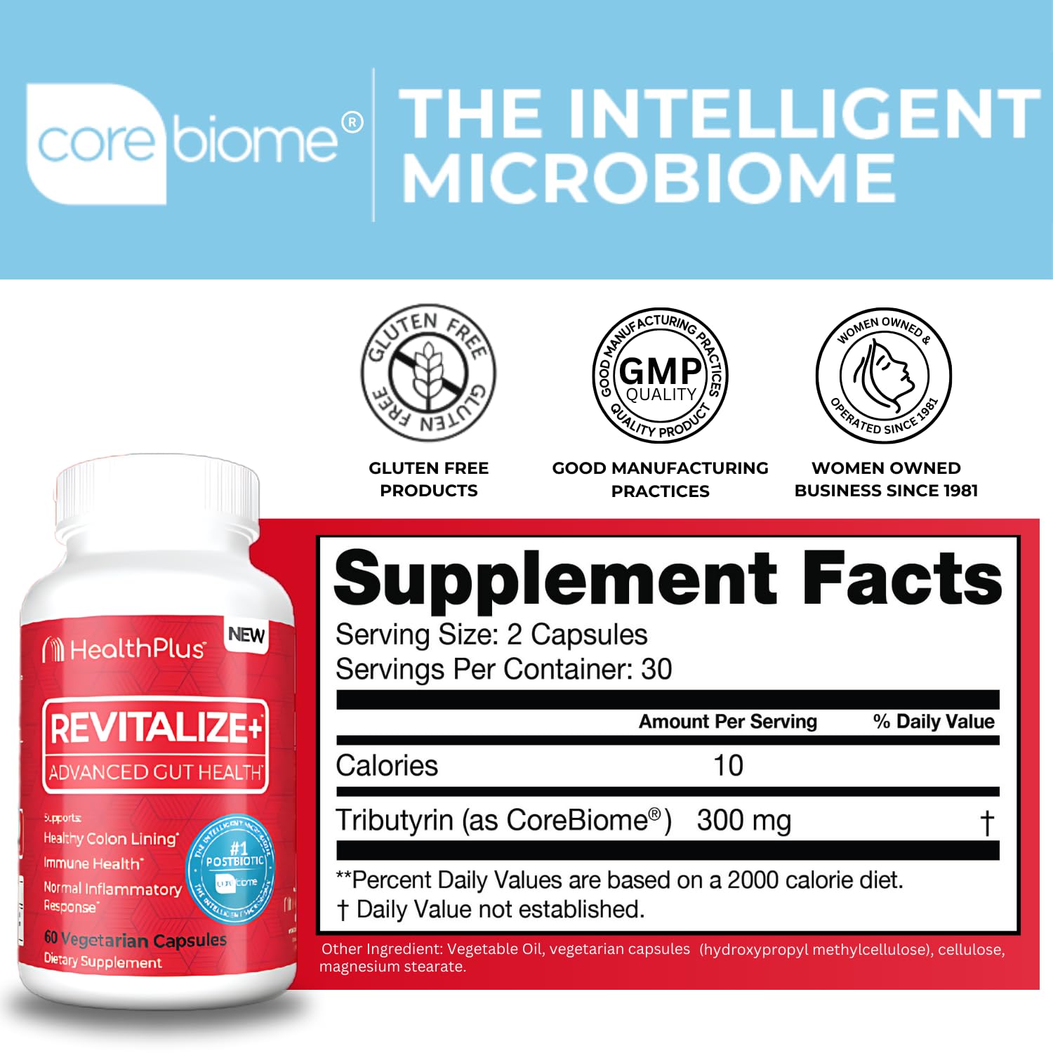 Closeup of Health Plus CoreBiome label highlighting postbiotic ingredients.