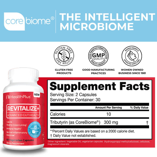Closeup of Health Plus CoreBiome label highlighting postbiotic ingredients.