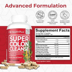 Health Plus Super Colon Cleanse capsules closeup showing texture and form.