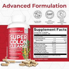 Close-up of Health Plus Super Colon Cleanse capsules highlighting psyllium and probiotics