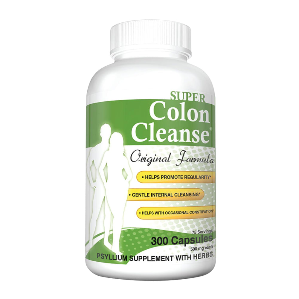Health Plus Super Colon Cleanse original bottle displaying 300 capsules for occasional digestive support.