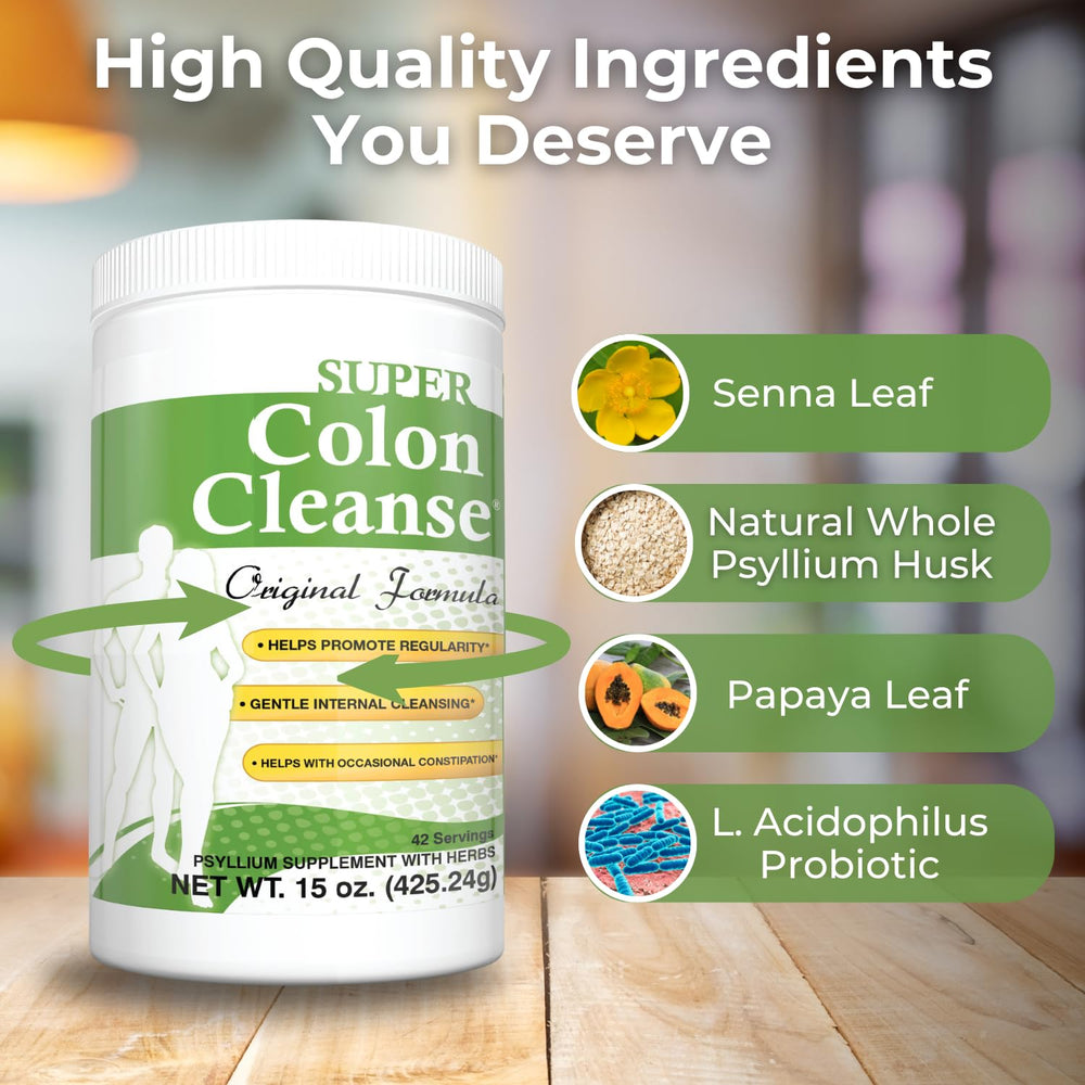 Health Plus Super Colon Cleanse psyllium husk close up emphasizes fiber for regularity.