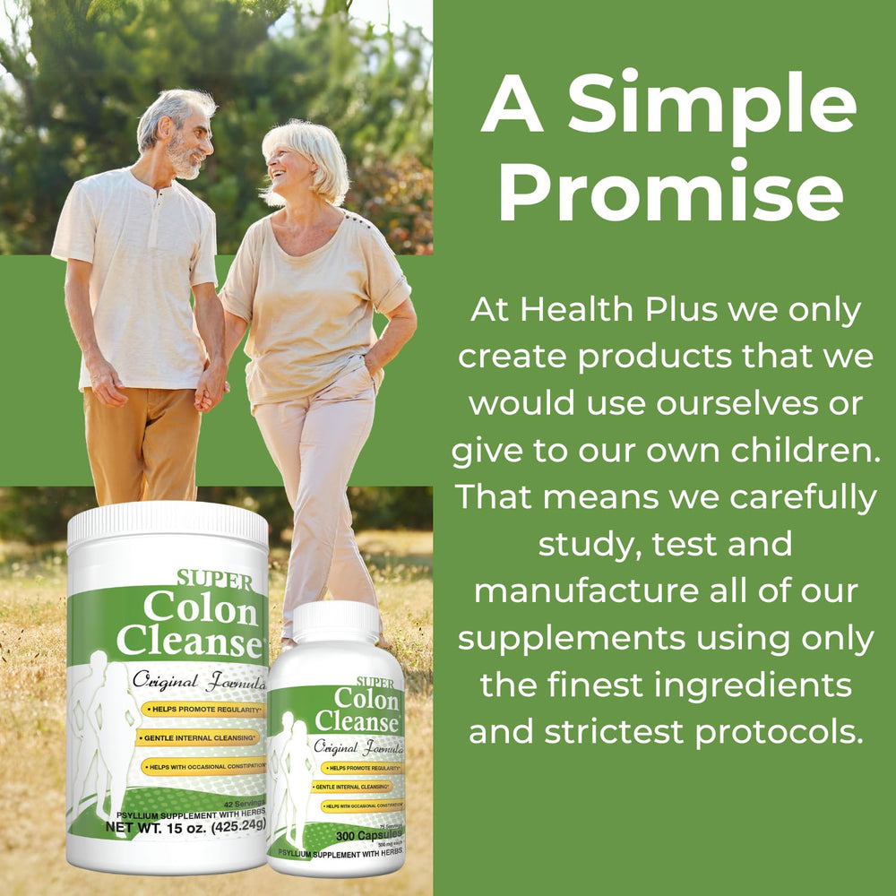 Health Plus Super Colon Cleanse serving size panel communicates servings and bag content.