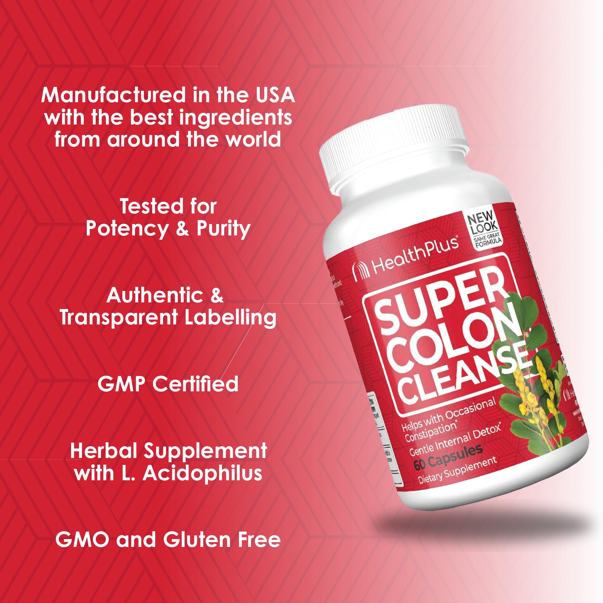 Health Plus Super Colon Cleanse serving count displayed on container.