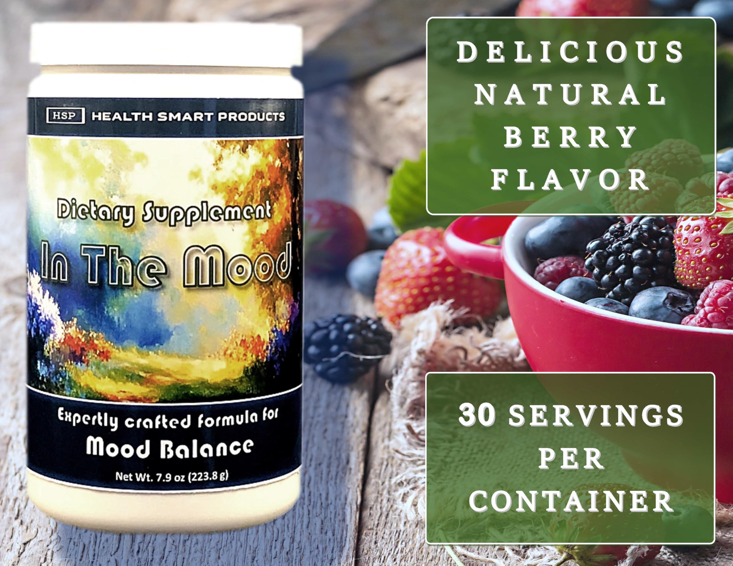 Health Smart Products In The Mood capsules closeup showing a premium 12-ingredient blend.