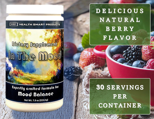 Health Smart Products In The Mood capsules closeup showing a premium 12-ingredient blend.