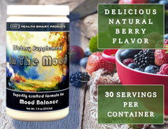 Health Smart Products In The Mood capsules closeup showing a premium 12-ingredient blend.
