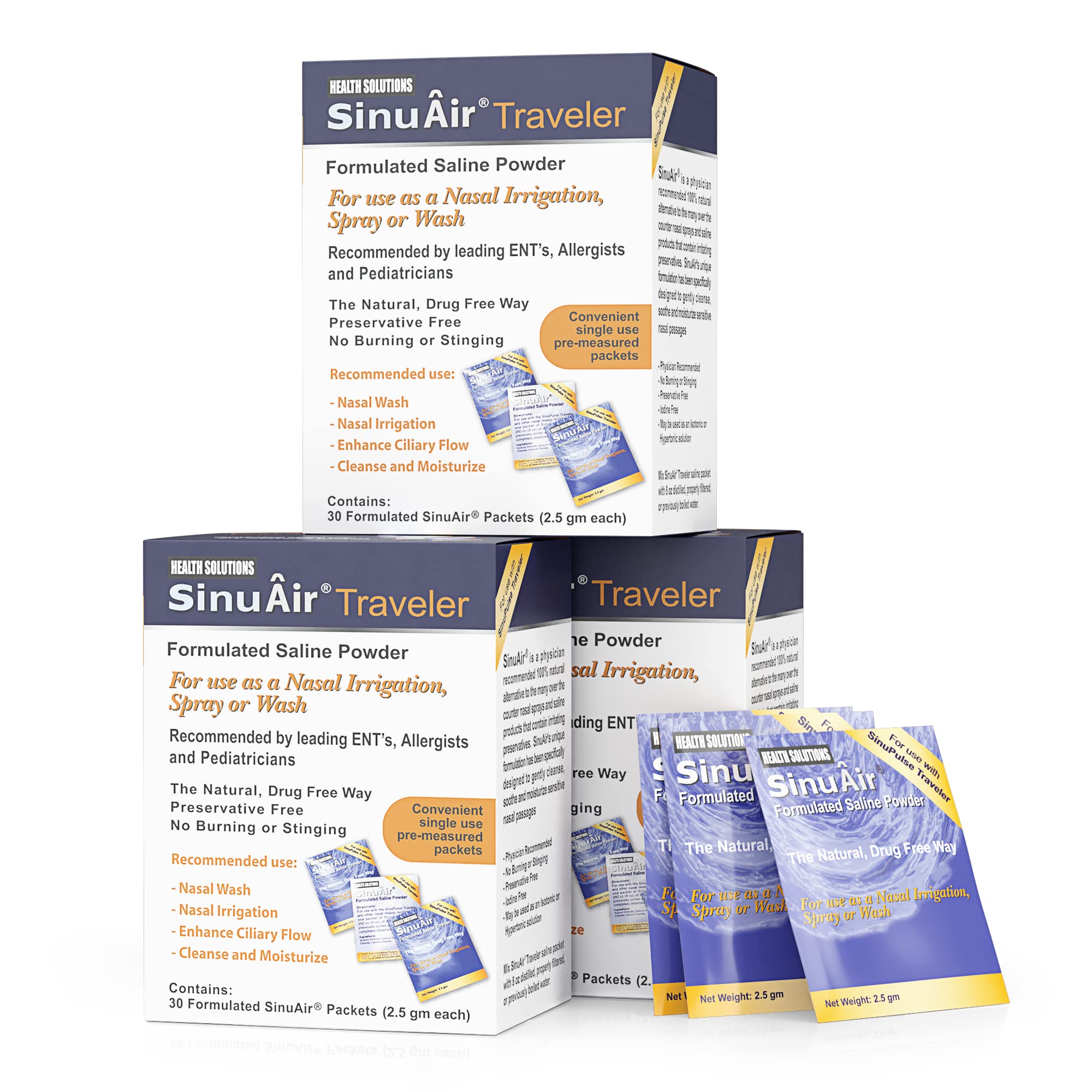 Health Solutions SinuAir saline packets in a 90-pack box for easy nasal irrigation preparation.