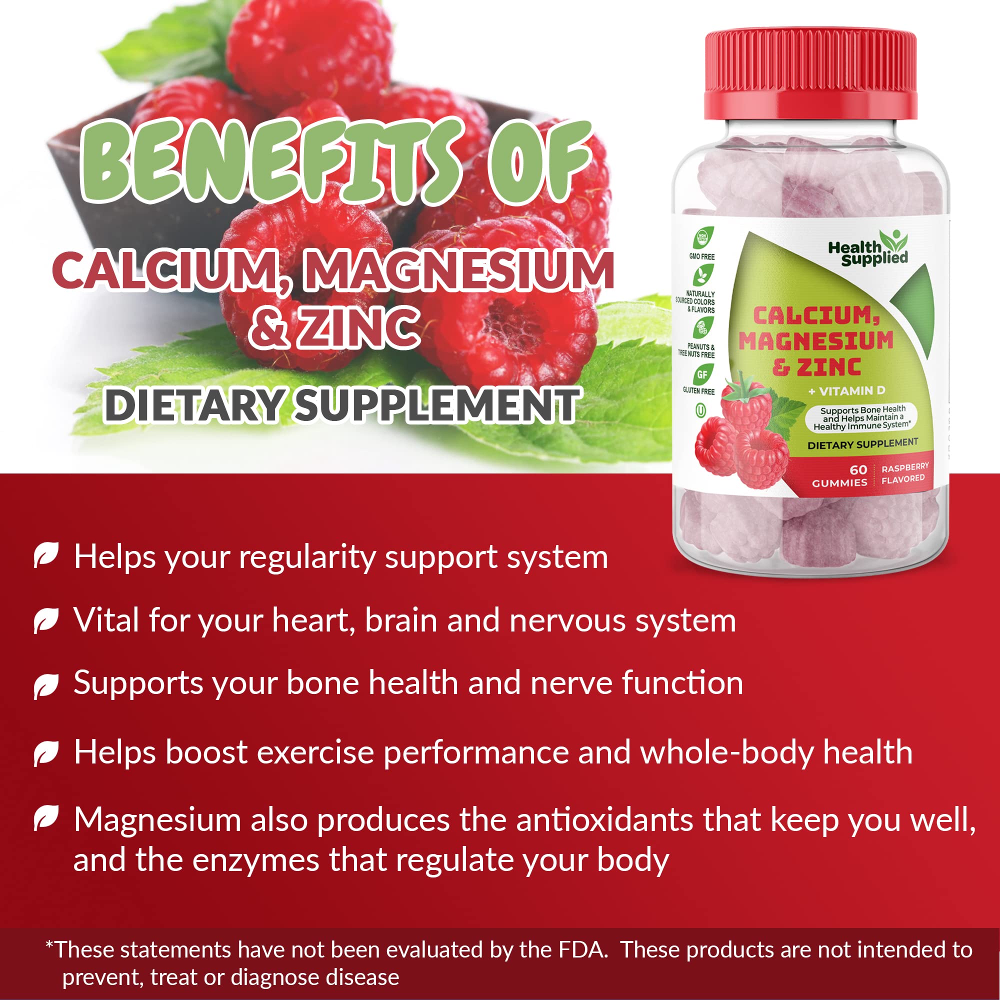 Health Supplied bottle label vitamin D calcium magnesium zinc communicates a comprehensive blend.