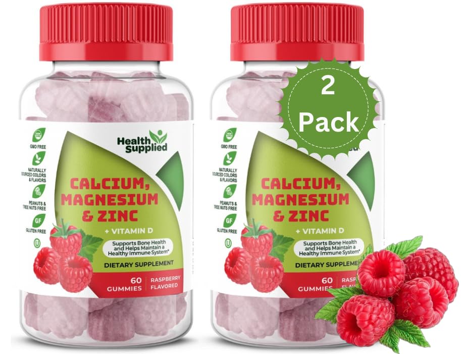 Health Supplied calcium magnesium zinc vitamin D gummies bottle promoting daily bone support.