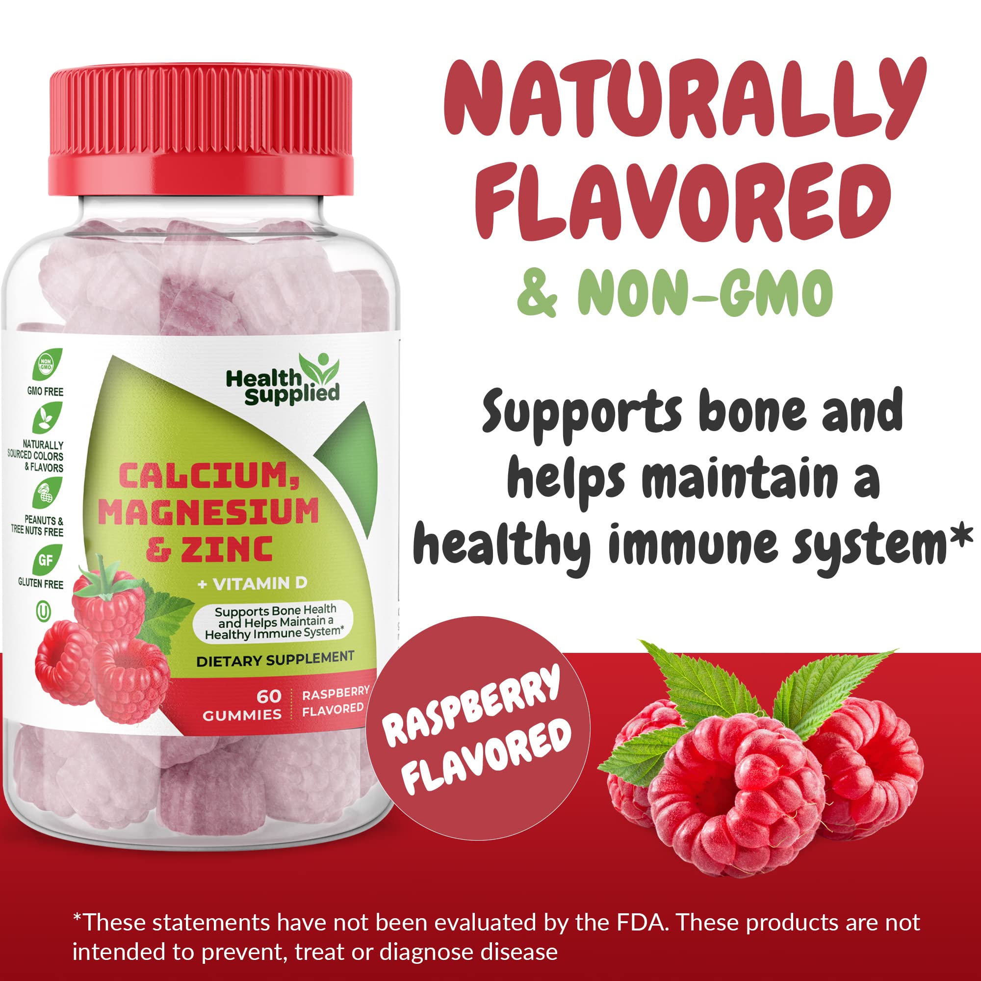 Health Supplied calcium magnesium zinc vitamin D gummies pour illustrating convenient daily intake.