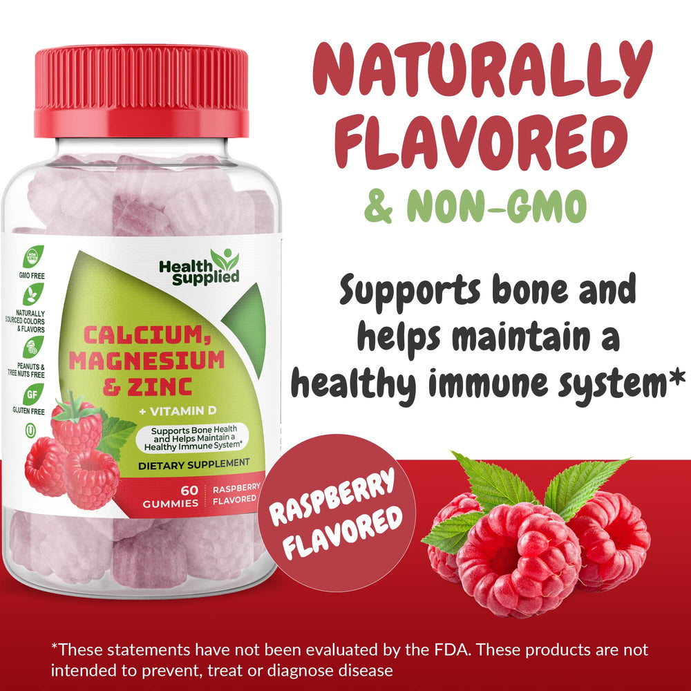 Health Supplied calcium magnesium zinc vitamin D gummies pour illustrating convenient daily intake.