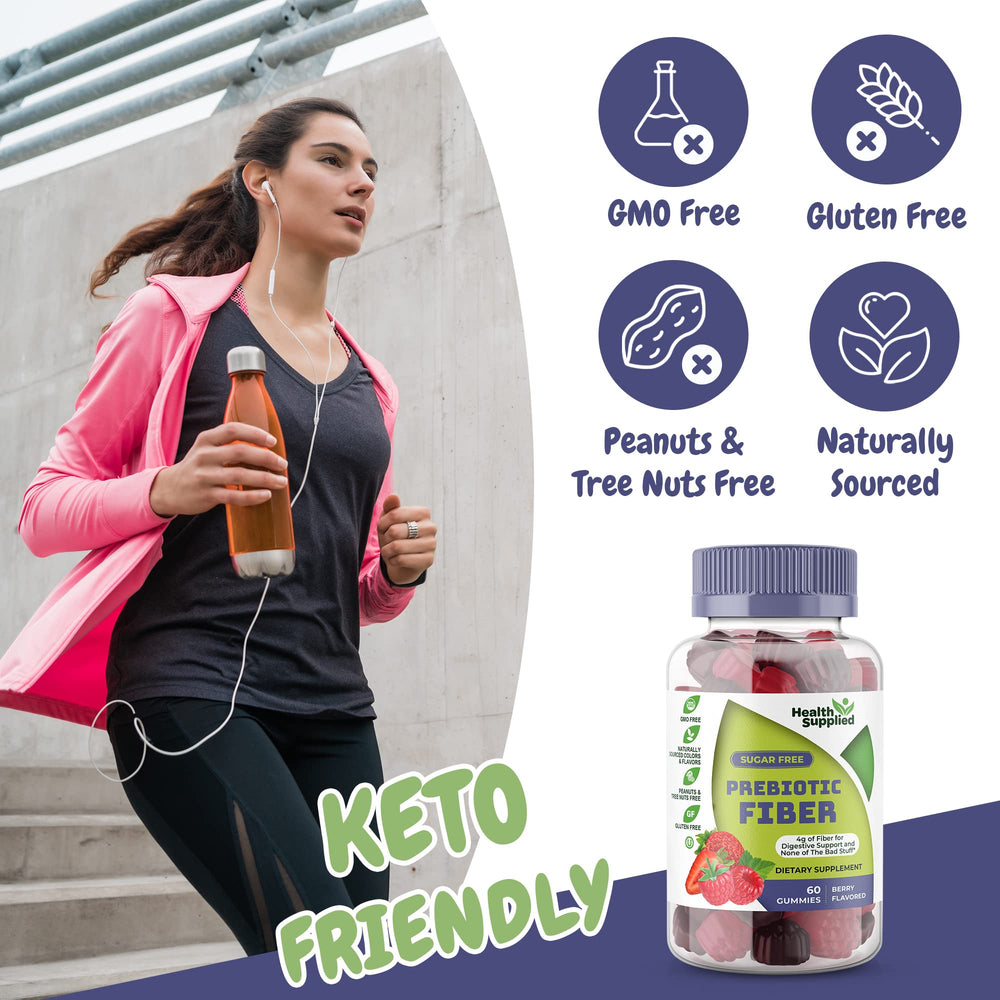 Health Supplied mixed berry gummies back label with fiber content for gut health.