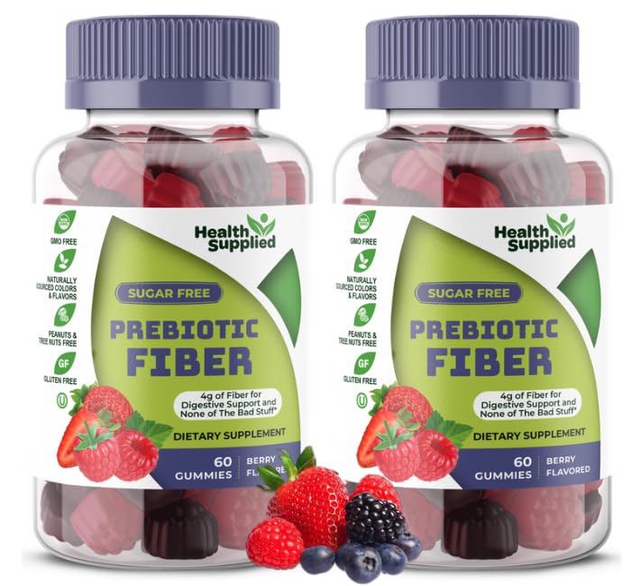 Health Supplied mixed berry gummies jar front for convenient fiber support.