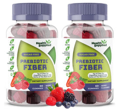 Health Supplied mixed berry gummies jar front for convenient fiber support.