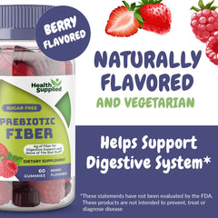 Health Supplied mixed berry gummies label closeup highlighting fiber and flavor.