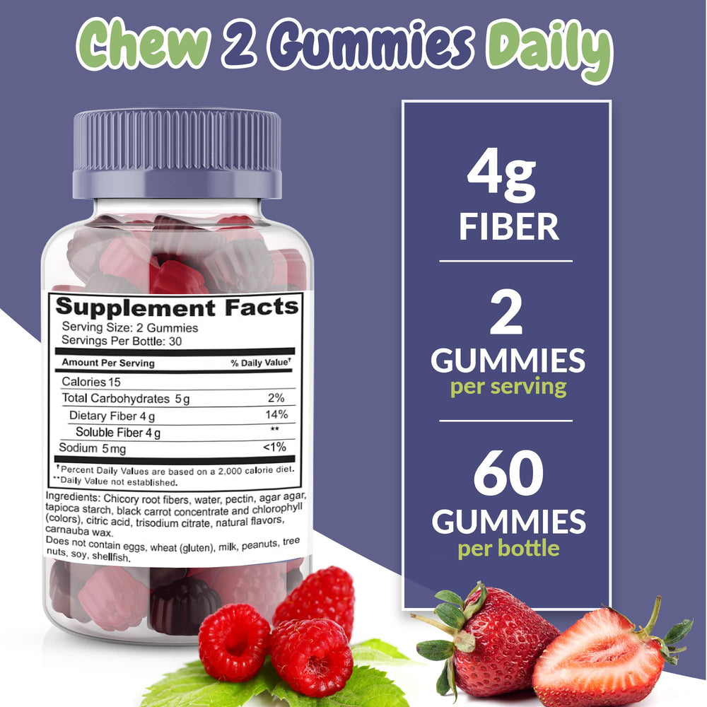 Health Supplied mixed berry gummies packaging display with bottle, ideal for on-the-go fiber snacking.