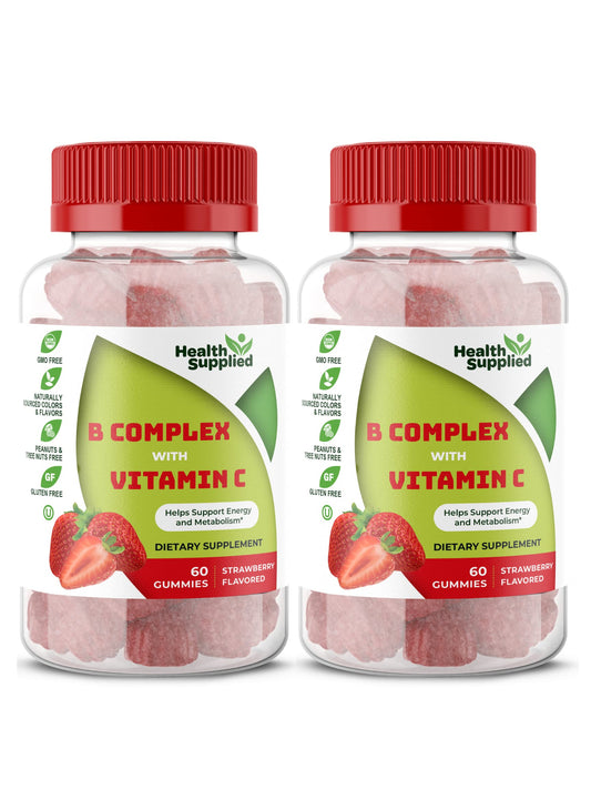 Health Supplied Strawberry B Complex Gummies bottle front, tasty daily energy support.
