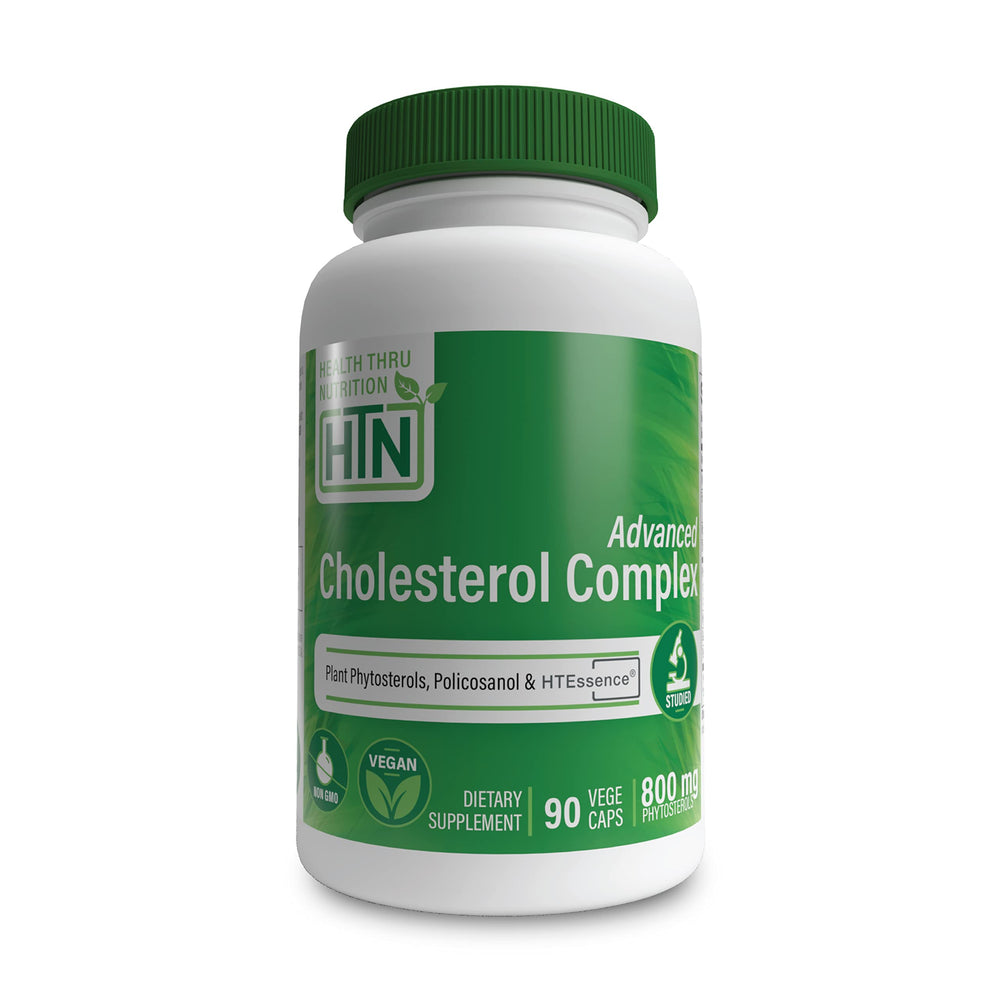 Health Thru Nutrition Advanced Cholesterol Complex bottle pouring capsules for daily heart health support