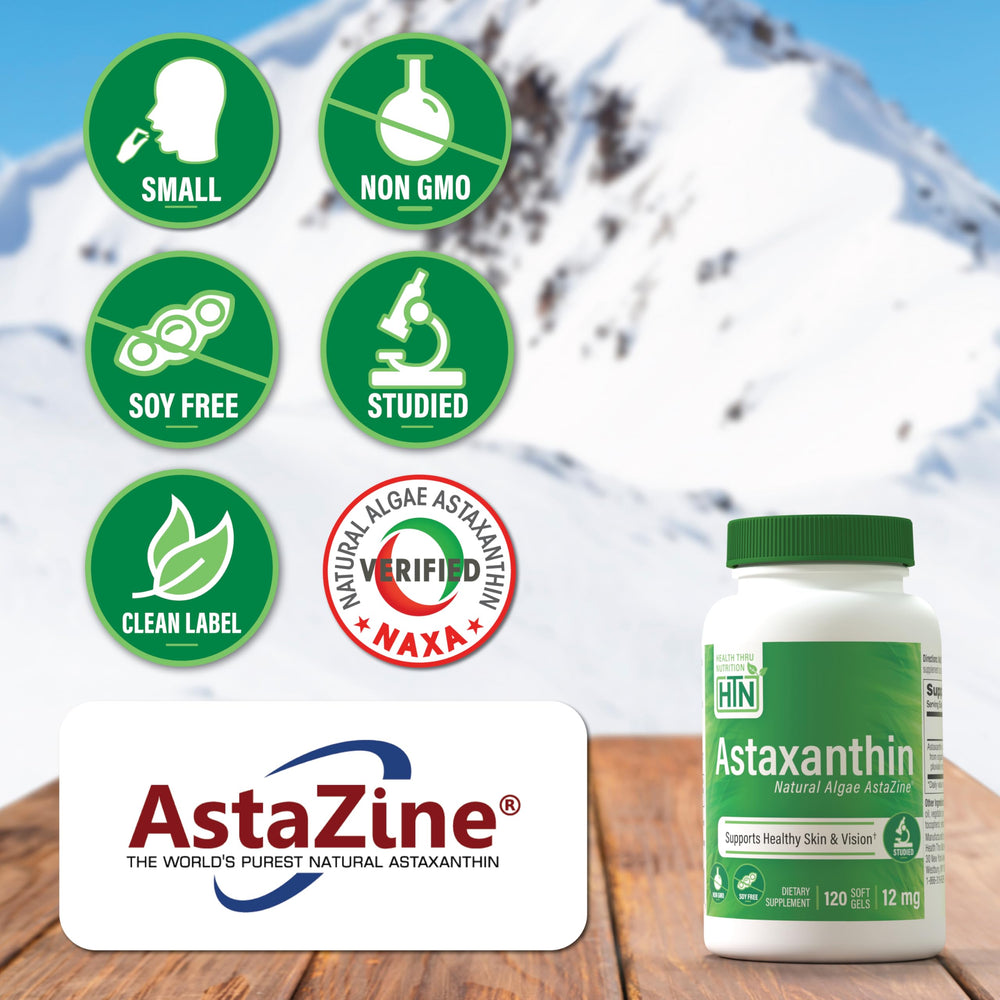 Health Thru Nutrition Astaxanthin label highlighting sustainable algae sourcing.