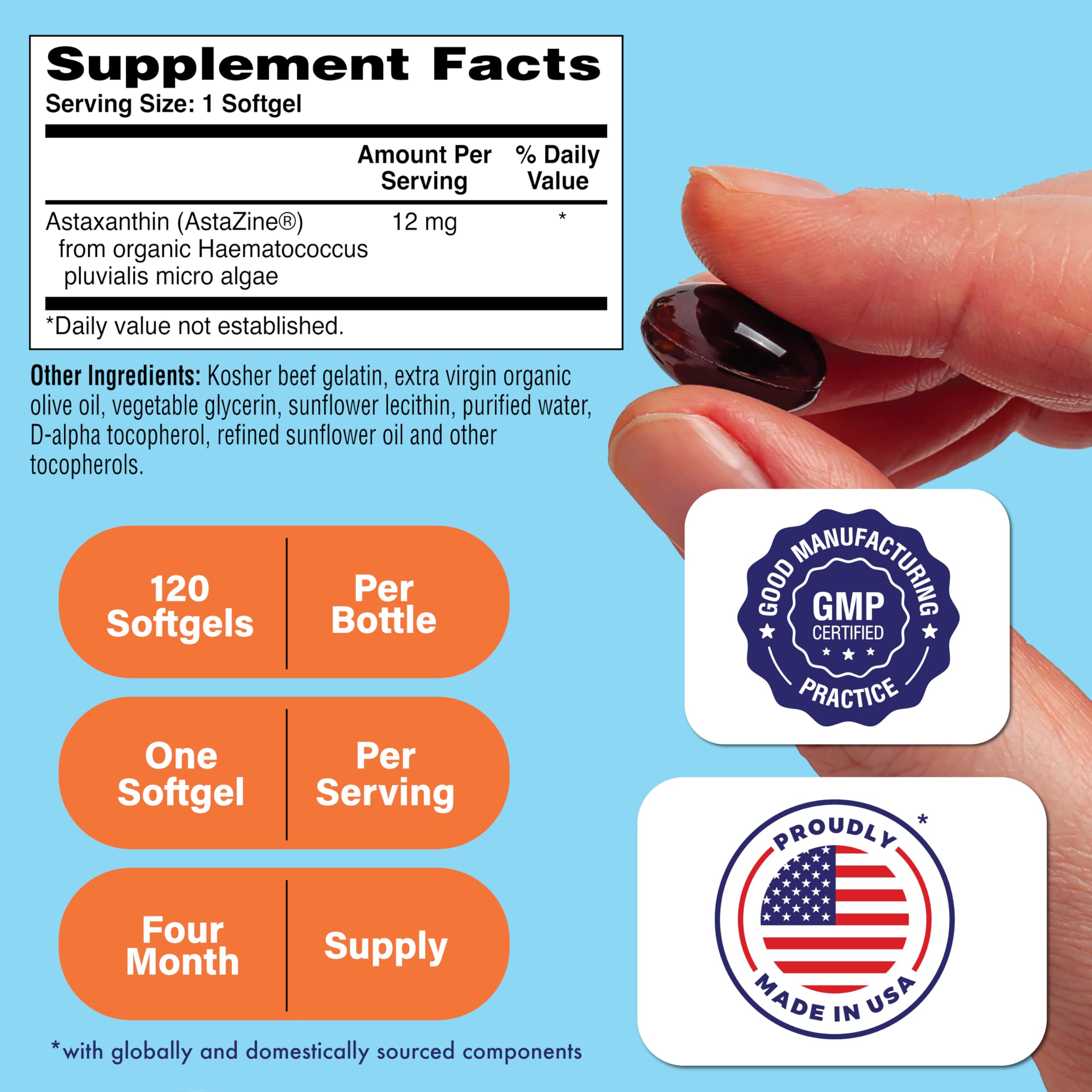 Health Thru Nutrition Astaxanthin softgels close-up showing strong 12 mg capsules.