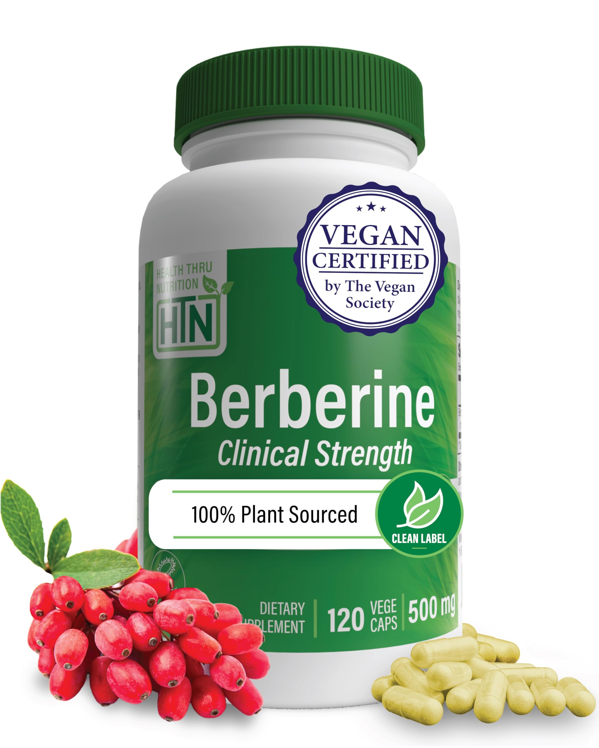 Health Thru Nutrition Berberine HCl 500mg bottle on a counter for daily use.