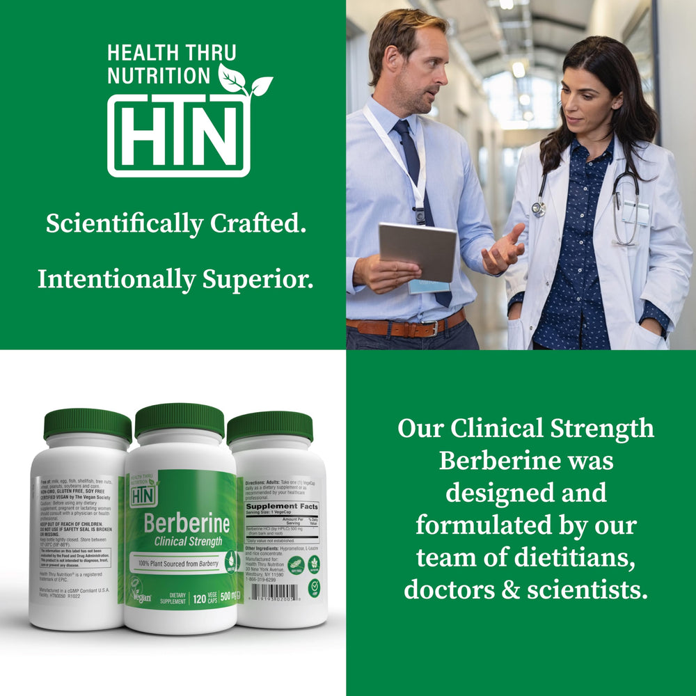 Capsules of Health Thru Nutrition Berberine HCl 500mg held in hand.