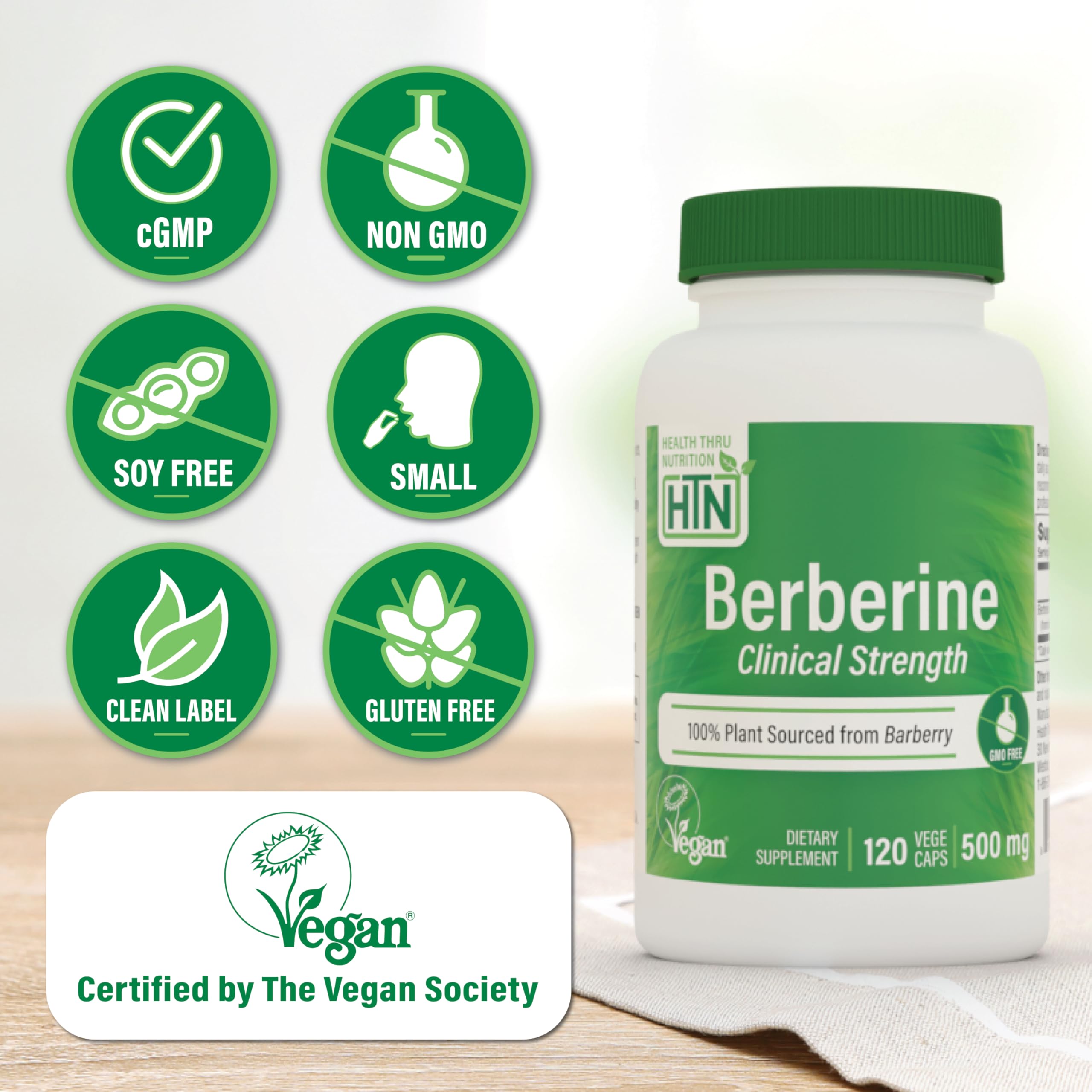 Berberine HCl 500mg capsules from Health Thru Nutrition, plant-based and easy to swallow.