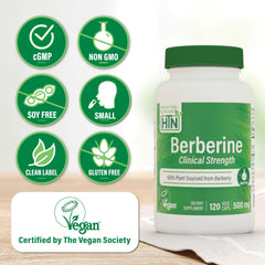 Berberine HCl 500mg capsules from Health Thru Nutrition, plant-based and easy to swallow.