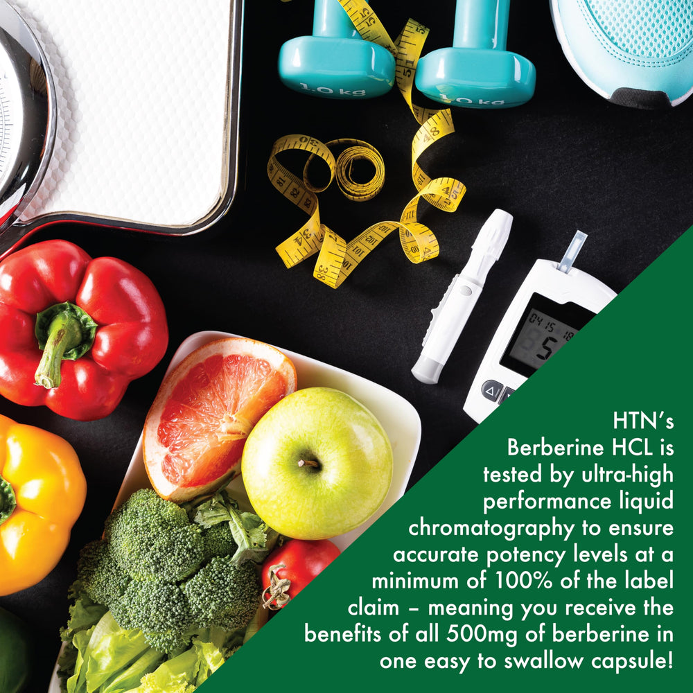 Health Thru Nutrition Berberine HCl 500mg bottle on a kitchen counter in a wellness scene.