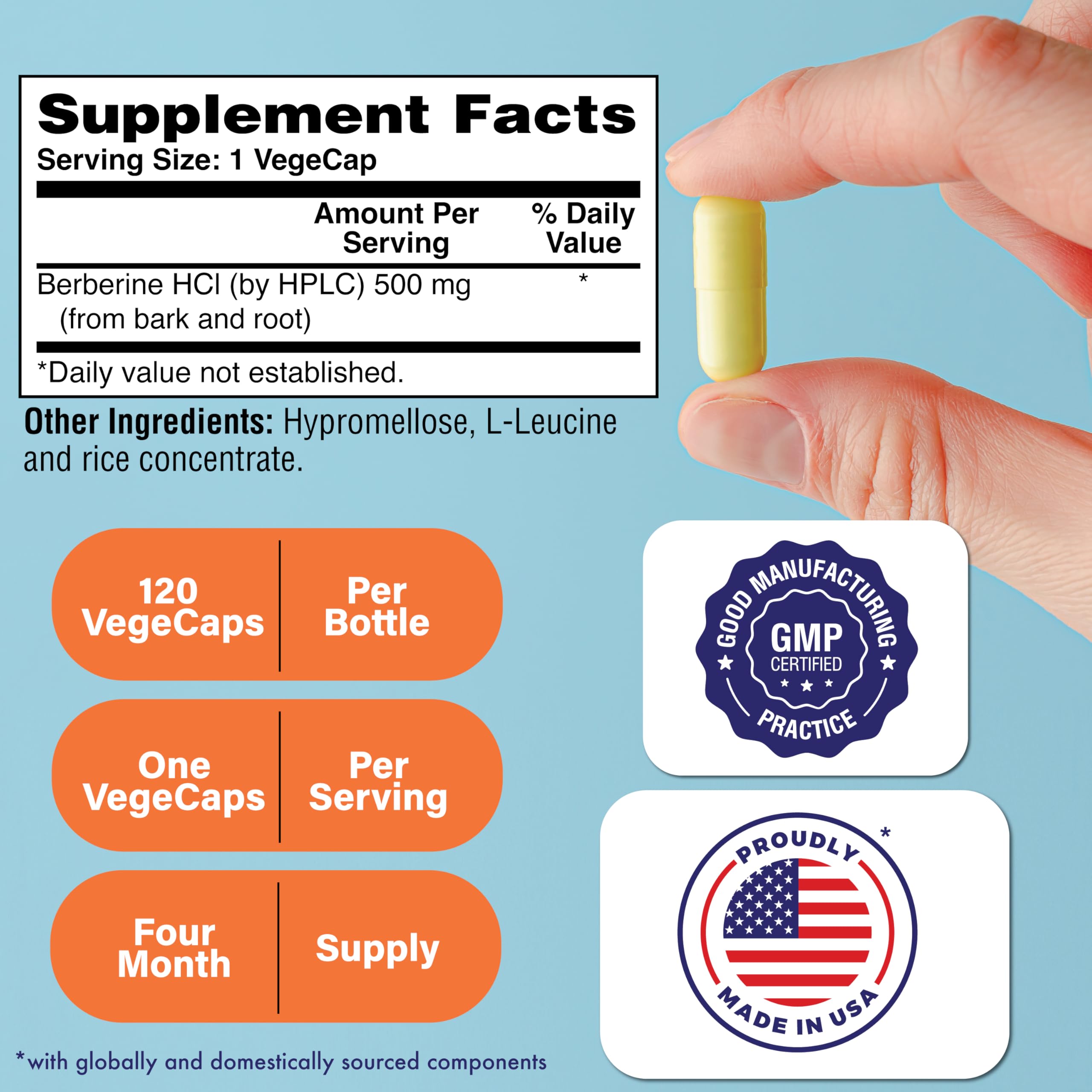 Close-up of Health Thru Nutrition Berberine HCl 500mg label and vegan certification.