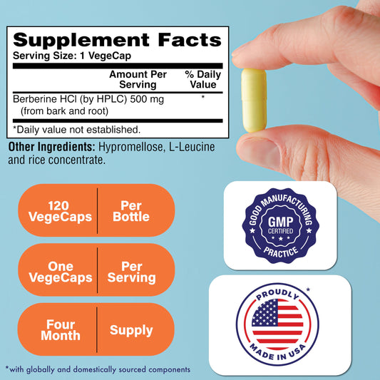 Close-up of Health Thru Nutrition Berberine HCl 500mg label and vegan certification.