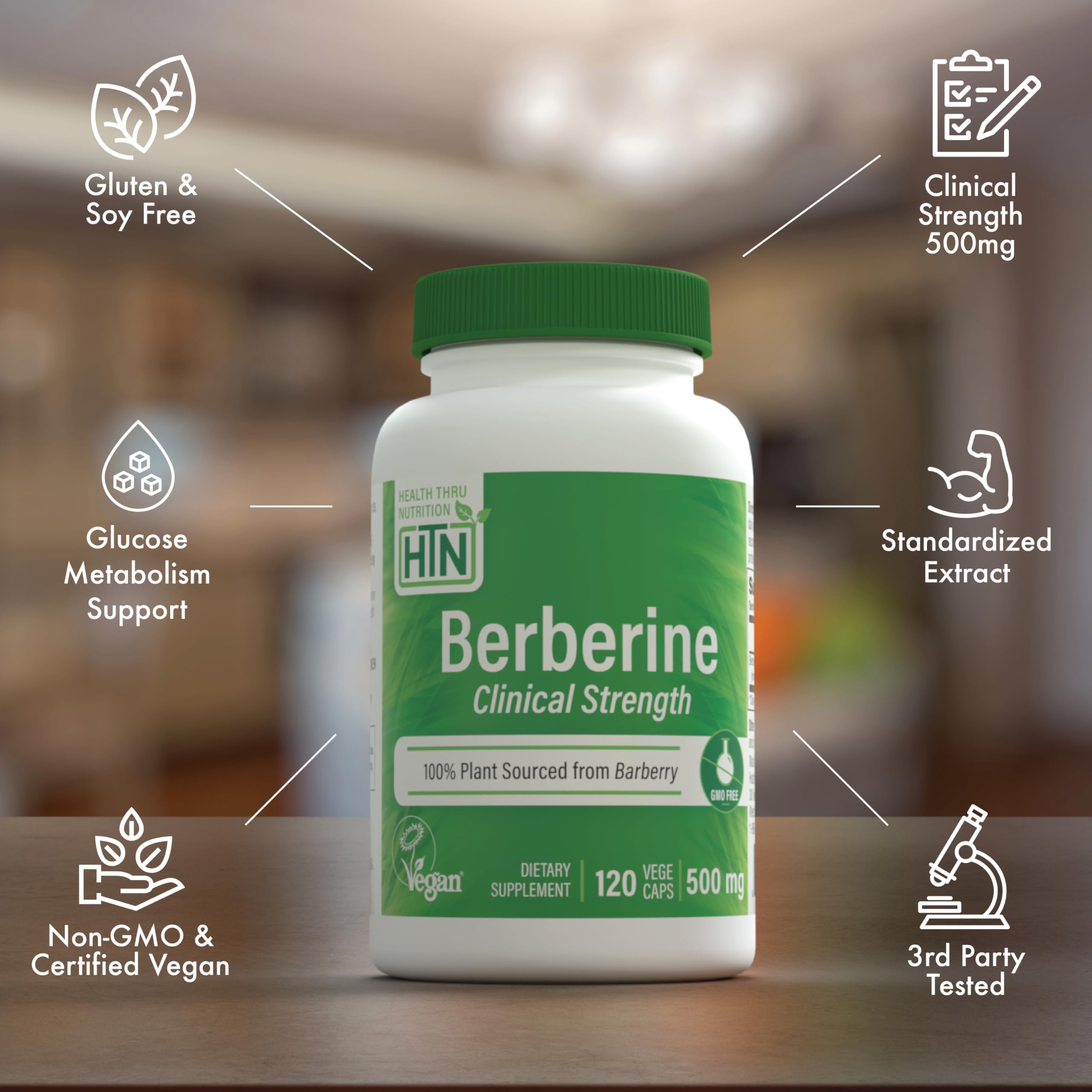 Health Thru Nutrition Berberine HCl 500mg packaging box with clean design.