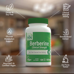 Health Thru Nutrition Berberine HCl 500mg packaging box with clean design.